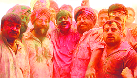 Minister Manoranjan Kalia (centre) and other leaders celebrate Holi in Jalandhar on Saturday.