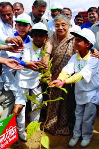 Delhi Chief Minister Sheila Dikshit and children plant a sapling in New Delhi on the occasion of World Forestry Day