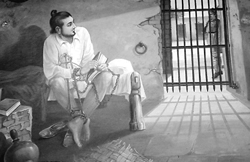 An artists impression of Bhagat Singh, showing him in jail, with a book in his hands, and another placed near his cot