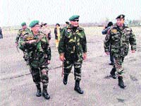 Chief of the Army Staff General VK Singh (centre) along with Lt-Gen KT Parnaik (left), Commander, Northern Command, and Lt-Gen SA Hasnain, Corps Commander, Chinar Corps, in Srinagar on Monday.