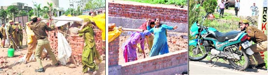 (From left) Policemen remove encroachments from government land in the Channi Himmat area on Monday; women throw stones at cops; and a policeman takes shelter behind a motorcycle to escape stone-throwing.  Tribune photos: Anand Sharma