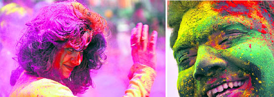 (Left) Masti unlimited: A woman dances to the Holi tunes. (Right) Painted face: A man drenched in colours savours the moment.