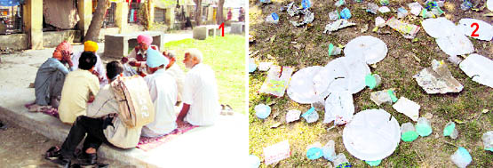 (1) Residents play cards in a park; (2) plates littered in the park.
