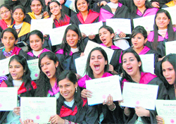 Students of the Guru Gobind Singh College for Women, Sector 26, in a jubilant mood after getting their degrees in Chandigarh on Tuesday