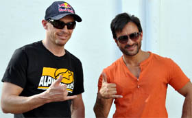 Actor Saif Ali Khan with renowned stunt biker Chris Pfeiffer at Pataudi in Gurgaon.