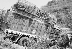 The truck that hit a stationary truck (below) and a motorcycle on the Ramgarh-Panchkula highway near the Chandimandir police station on Wednesday