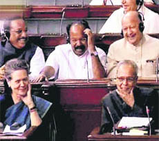 FM Pranab Mukherjee and UPA chairperson Sonia Gandhi in the Lok Sabha in New Delhi on Wednesday.