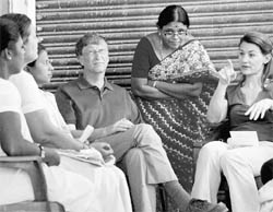 Bill Gates and Melinda Gates review philanthropic works being carried out by their foundation at Jamsaut village in Bihar on Wednesday.