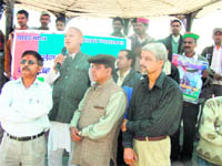 PC Tiwari, Central president, Uttarakhand Parivartan Party, addresses the gathering in Mussoorie.