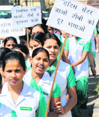 Nursing students hold an awareness rally on TB in Karnal on Thursday.