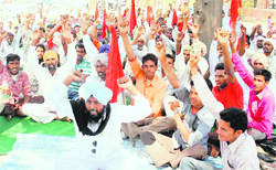 Brick kiln workers protest outside the Mini-secretariat in Bathinda 
