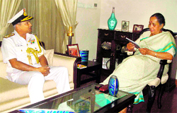 Vice-Admiral Anurag G Thapliyal, Commandant of Indian Naval Academy, with Governor Margaret Alva at the Raj Bhawan in Dehradun on Friday