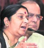 BJP leaders Sushma Swaraj and Arun Jaitley address mediapersons in New Delhi on Friday