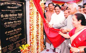 Uttarakhand Chief Minister Ramesh Pokhriyal Nishank unveils the foundation stone of the Government Doon Medical College in Dehradun