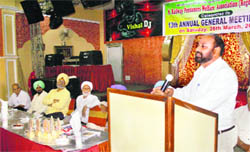 Daljeet Singh, divisional secretary, All-India Railwaymens Union, addresses an annual general meeting in Ludhiana.