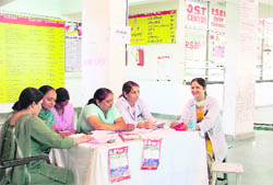 Staff wait for patients to arrive for cancer screening during a special camp organised on Cancer Day at the Lord Mahavira Civil Hospital in Ludhiana on Saturday. 