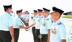 Air Officer Commanding-in-Chief, Western Air Command, DC Kumaria meets officers at the Air Force Station, Adampur, on Saturday. 