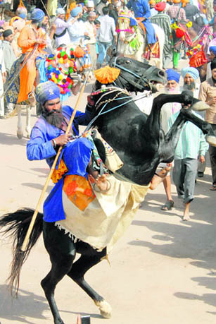 Gallant act: A Sikh warrior  balancing himself on a horse  prepares for assault