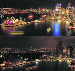 This combo shows the lights around Sydneys Harbour and the Opera House (left) taken on Wednesday (top) and on Saturday as the city switches off its lights to mark Earth Hour. 