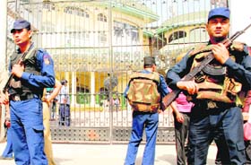 TAKING GUARD: Security arrangements stepped up outside the stadium