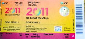 PRIZED POSSESSION: The much-sought-after ticket of the India-Pakistan semifinal match scheduled to be played at the PCA Stadium in Mohali on March 30