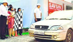 The UPES car rally being flagged off from Doonga House in Dehradun on Sunday. 