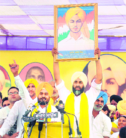 Manpreet Badal, who announced his new party  the Peoples Party of Punjab  addresses a massive rally at Khatkar Kalan, the ancestral village of Shaheed Bhagat Singh, in Nawanshahr