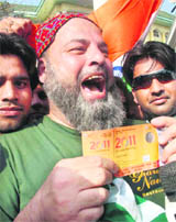 AT Last: Mohammad Bashir Uddin Khan from Pakistan in a happy mood after he got a ticket for the match on Monday