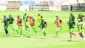 Pakistan Team members during a practice session at the PCA Stadium on Monday