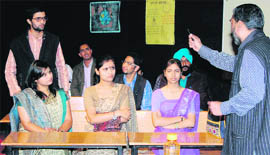   A scene from the play, Bahut Bada Sawal staged on the second day of World Theatre Day in Dehradun on Monday. 