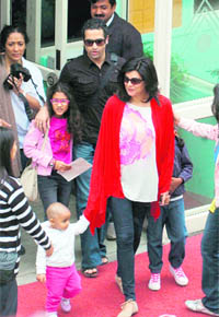 Bollywood actor Sushmita Sen comes out of a hotel in McLeodganj on Monday.