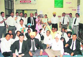 Lawyers observe dharna outside the library in the Lawyers Chambers Complex in Ludhiana