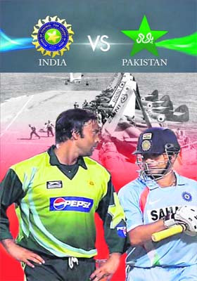 A poster prepared by a city restaurant shows Sachin and Shoaib in action with naval fighter jets parked and taking off from an aircraft carrier in the background