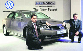 Neeraj Garg, Member of Board and Director, Volkswagen Passenger Cars, and Head of Marketing and PR, Lutz Kothe during the launch of the company's all-new Passat in Mumbai on Tuesday. The car priced between Rs 20.80 and Rs 25.65-lakh (ex-showroom Delhi).