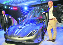 Nigel Harwood (L), President and CEO, ESTD, and Koenigsegg CEO Christian Von Koenigsegg at the launch of the Swedeish luxury car, the Koenigsegg Agera, in New Delhi on Tuesday.