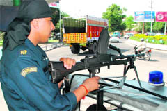 A commando keep vigil on the roundabout of Sectors 5, 6, 7 and 8 in Panchkula. 