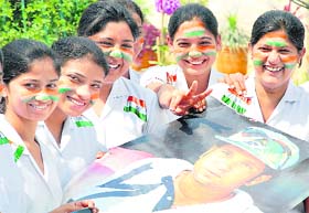 Students of the St Soldier Group of Institutes in Jalandhar on Tuesday wish luck to the Team India for their match against Pakistan