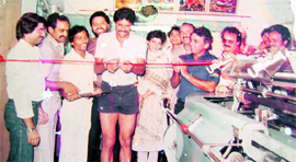 Kapil Dev cutting a ribbon to inaugurate an imported machine at Gerishs factory during the Indian cricket teams visit to Ludhiana in 1982.