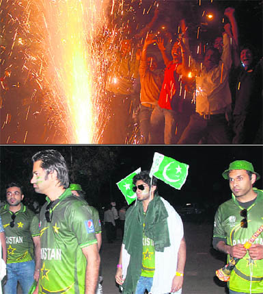 Jubiliant cricket buffs burst crackers in Sector 21, Chandigarh. Tribune photo: Vinay Malik; Dejected: Pakistani fans leave the PCA Stadium after their countrys defeat.