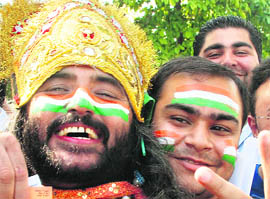 A cricket fan dressed as a mythological character turns up at the stadium.