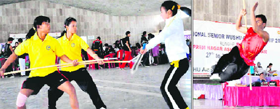 Manipuri girls display different styles of wushu at the 32nd National Wushu Championship in Haridwar on Wednesday; A player from Manipur performs during the 32nd National Wushu Championship in Haridwar on Wednesday.