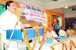 Chief Minister Ramesh Pokhriyal Nishank addresses delegates at a convention in Haridwar