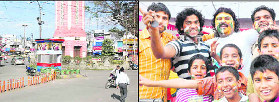 he Clock Tower, Dehradun, wore a deserted look on Wednesday; and (right) fans in Haridwar cheer Team India during the match.
