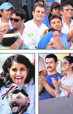 Clockwise from top: AICC general secretary Rahul Gandhi; actor Aamir Khan and his wife Kiran Rao; and a cricket fan enjoy the match at the PCA stadium