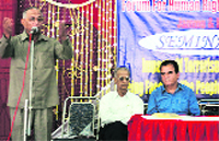 Justice VS Kokje, former Governor of Himachal Pradesh, addresses a seminar in Jammu on Wednesday