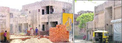 The dividing wall of two LIG flats pulled down by unlawful occupants to make the LIG flat a bigger house; and (right) an illegal alteration has been made to convert a flat into a shop on the Dugri-Dhandra road at the GLADA Colony in Ludhiana