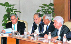 Industrialists Ratan Tata, Rahul Bajaj and Azim Premji at the meeting of the Prime Ministers Council for Trade and Industries in New Delhi on Thursday. 