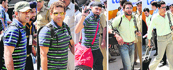 (From left) MS Dhoni, Sachin Tendulkar and Harbhajan Singh; Shahid Afridi and Umar Gul leave the city on Thursday.