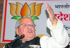 National vice-president of the BJP Kalraj Misra addresses mediapersons in Shimla on Thursday.