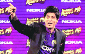 Bollywood Actor Shah Rukh Khan at a press conference to promote the Kolkata Knight Riders, the IPL team he owns in New Delhi on Friday. The teams principal sponsor Nokia has renewed its contract with the team. As a part of the tie-up, Nokia and KKR have announced a new promotional campaign  KKR tension mat le yaar  to be launched on April 5.